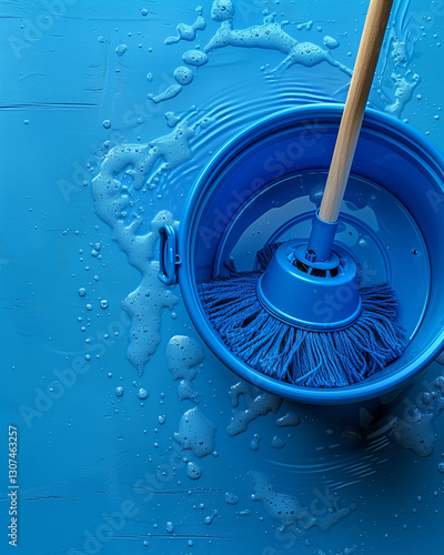 Mop and Cleaning Equipment on a Pastel Background, Housekeeping and Hygiene Concept  
