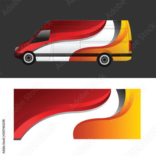 Vector design of livery decal for wrapping the body of a cargo van with a combination of red, orange and grey gradient colors