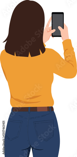 Woman with dark hair in a yellow sweater taking a selfie with a smartphone in a flat vector illustration