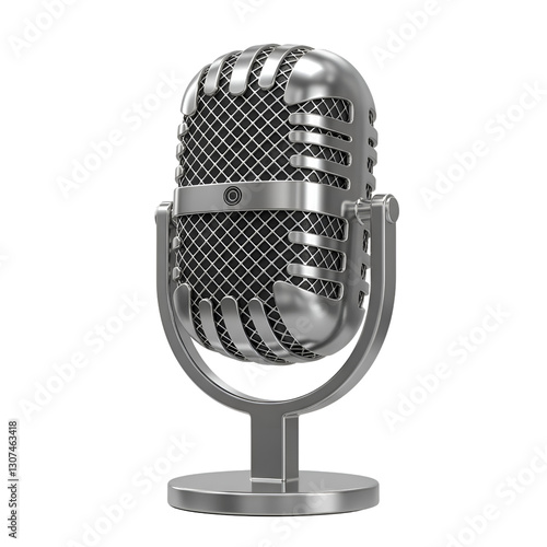 3D microphone icon with a metallic finish and mesh details, placed on a transparent background