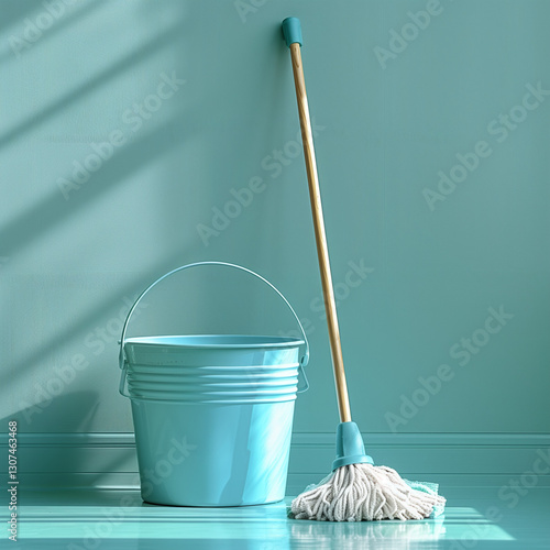 Mop and Cleaning Equipment on a Pastel Background, Housekeeping and Hygiene Concept  

