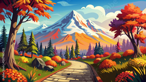 A paved path is surrounded by lush, vibrant fall foliage with Mt. Rainier in the background at Mt. Rainier National Park in Washington state