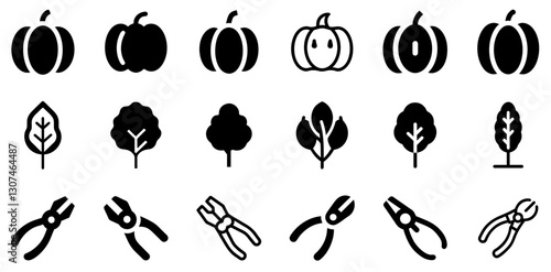 "Pumpkin, Poplar, and Pliers Icon Set – Autumn and Utility Vector Symbols"