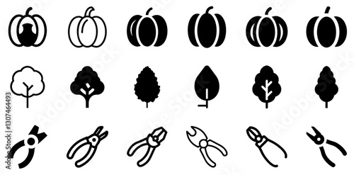 "Pumpkin, Poplar, and Pliers Icon Set – Autumn and Utility Vector Symbols"