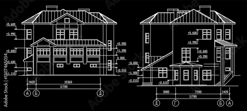 Vector architectural engineering construction
drawing of private residential building
with dimensional lines. Industrial hand design
on sheet of paper. Blueprint of multistory
suburban cottage.