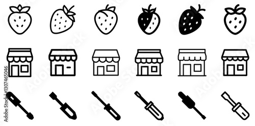 "Strawberry, Shop, and Screwdriver Icon Set – Fresh and Practical Vector Symbols"
