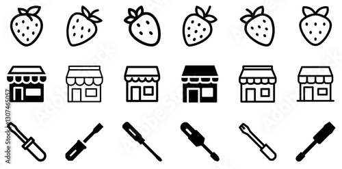 "Strawberry, Shop, and Screwdriver Icon Set – Fresh and Practical Vector Symbols"