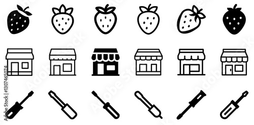 "Strawberry, Shop, and Screwdriver Icon Set – Fresh and Practical Vector Symbols"