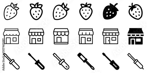 "Strawberry, Shop, and Screwdriver Icon Set – Fresh and Practical Vector Symbols"