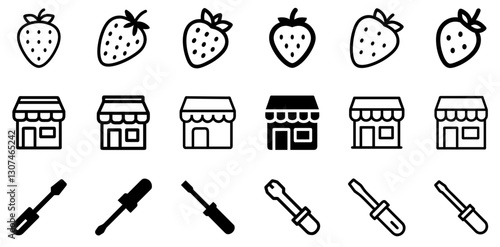 "Strawberry, Shop, and Screwdriver Icon Set – Fresh and Practical Vector Symbols"