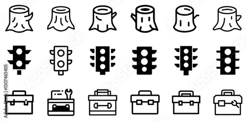 "Tree Stump, Traffic Lights, and Toolbox Icon Set – Nature and Utility Vector Symbols"