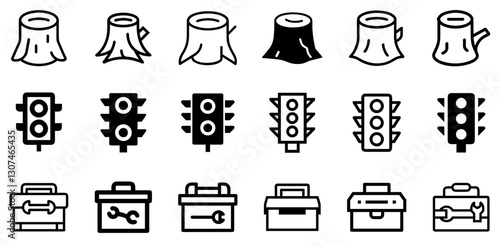 "Tree Stump, Traffic Lights, and Toolbox Icon Set – Nature and Utility Vector Symbols"