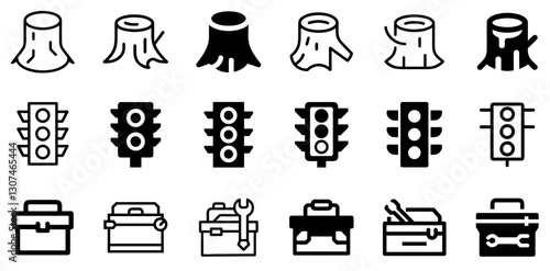 "Tree Stump, Traffic Lights, and Toolbox Icon Set – Nature and Utility Vector Symbols"