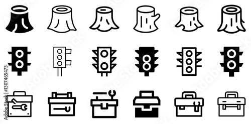 "Tree Stump, Traffic Lights, and Toolbox Icon Set – Nature and Utility Vector Symbols"