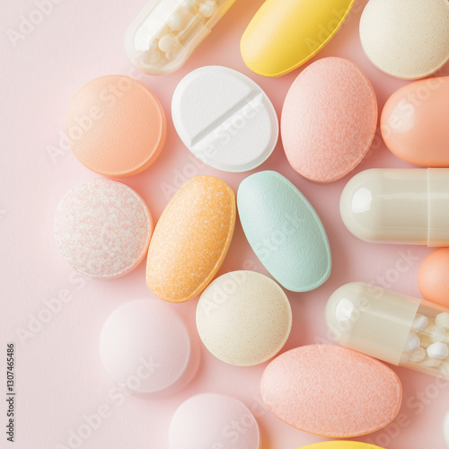 Various Medications and Pills on a Pastel Background, Pharmaceutical Drugs, Healthcare Concept  
