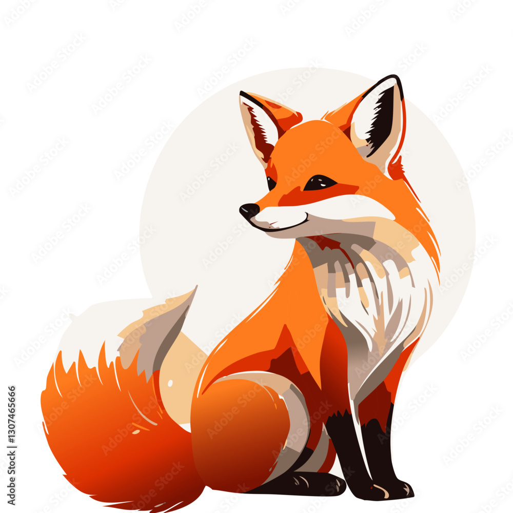 Obraz premium Elegant fox illustration featuring a sleek, well-groomed fox sitting gracefully with a confident expression, fluffy tail, and warm orange fur in a modern, stylized art style.