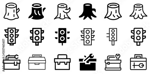 "Tree Stump, Traffic Lights, and Toolbox Icon Set – Nature and Utility Vector Symbols"