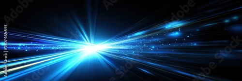 Abstract background with blue light rays and bokeh lights on a dark night
