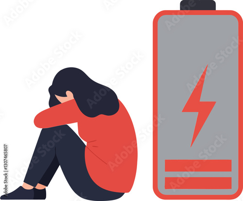 A woman sitting with her knees hugged to her chest next to a large low battery symbol in a minimal and flat design vector illustration