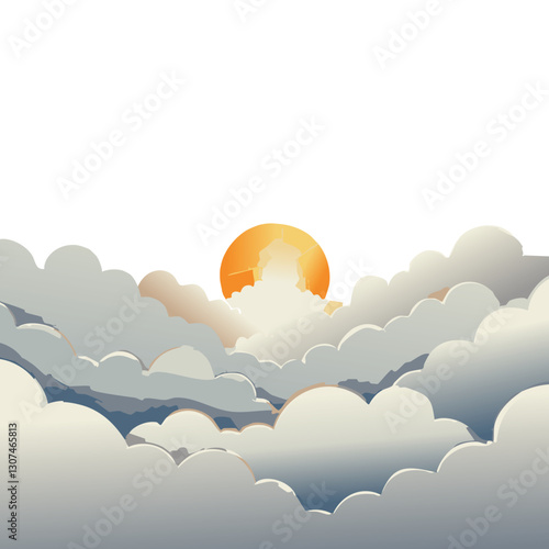 Serene sunrise illustration featuring a golden sun emerging above layered, soft clouds, creating a peaceful and dreamy atmosphere in a modern, minimalistic art style.

