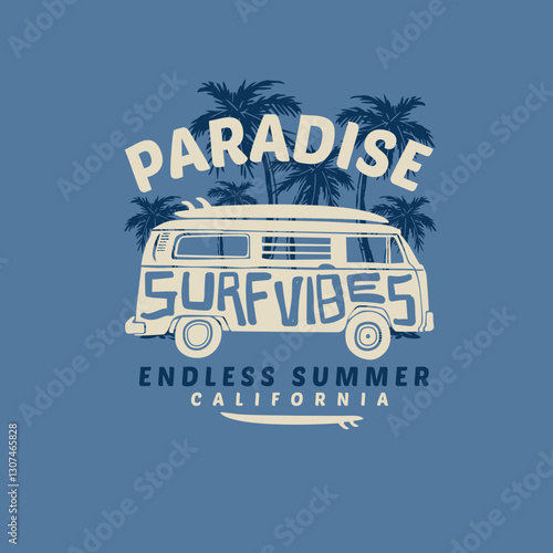 Paradise surf vibes palm tree camper van vector illustration graphic tee