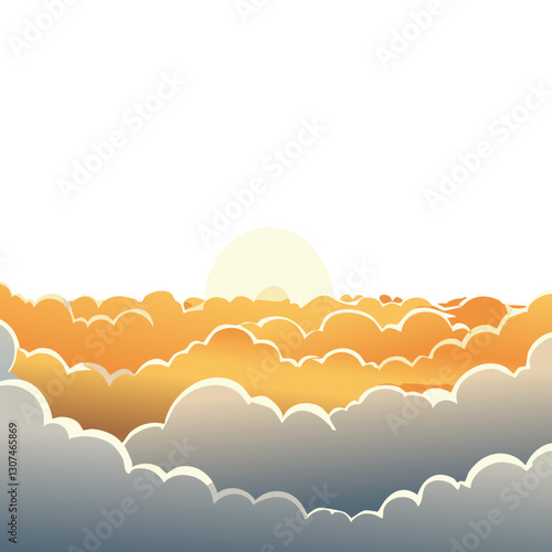 Serene sunrise illustration featuring a golden sun emerging above layered, soft clouds, creating a peaceful and dreamy atmosphere in a modern, minimalistic art style.

