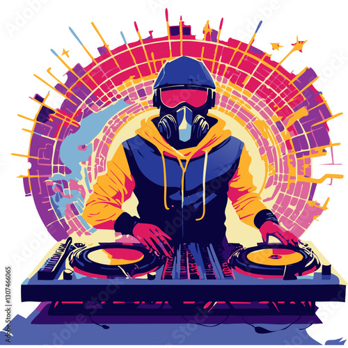 Vibrant cyberpunk DJ illustration featuring a masked and hooded DJ mixing music on turntables, surrounded by an energetic, futuristic cityscape with neon hues and dynamic lighting effects.


