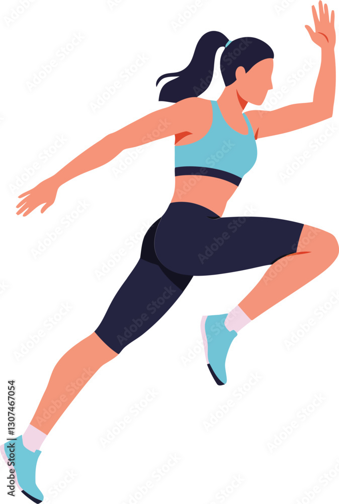 Dynamic woman in athletic wear running energetically, showcasing determination and strength in a flat vector illustration