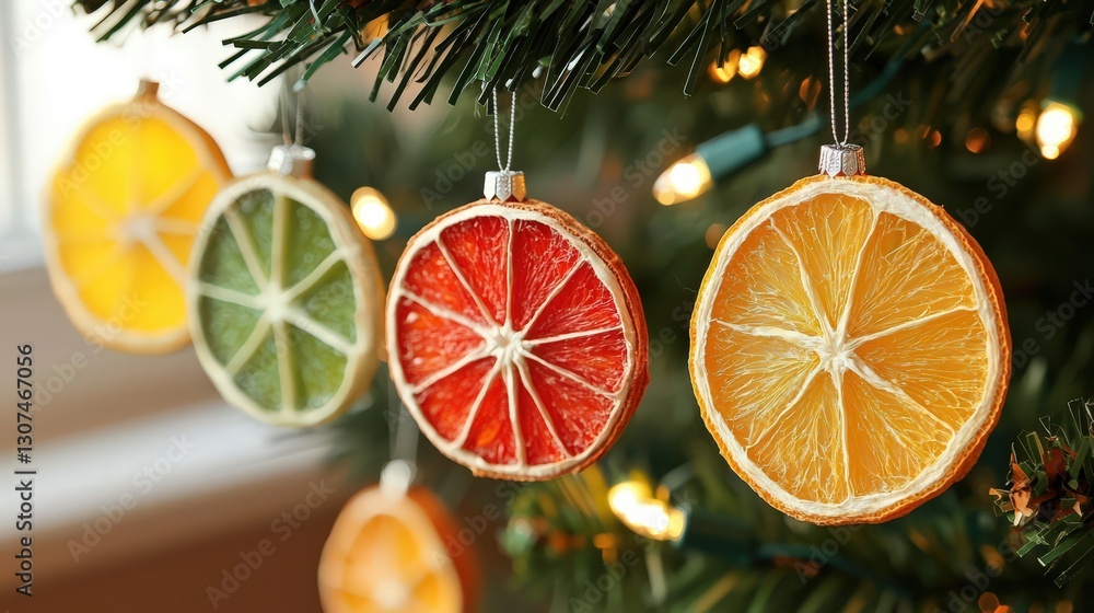 Decorative citrus slices add a touch of charm to festive tree displays. Decorative citrus slices add a touch of charm to festive tree displays.