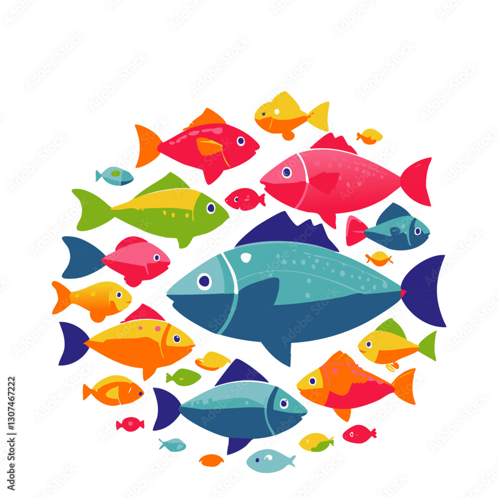 Fototapeta premium Colorful fish illustration featuring a diverse school of vibrant, stylized fish swimming together in a modern and minimalistic vector art style.
