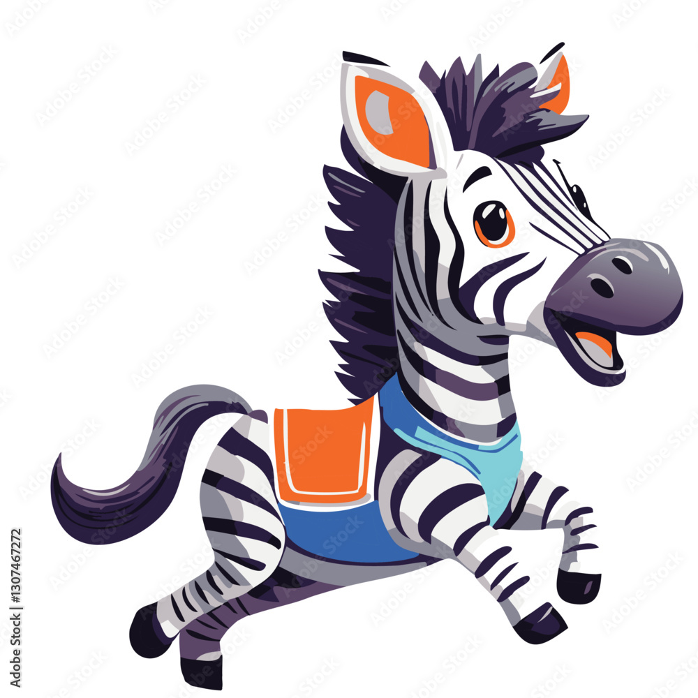 Adorable cartoon zebra illustration featuring a playful, animated zebra wearing a colorful outfit, captured mid-gallop with a cheerful and energetic expression in a modern, stylized art style.
Adorable cartoon zebra illustration featuring a playful, animated zebra wearing a colorful outfit, captured mid-gallop with a cheerful and energetic expression in a modern, stylized art style.