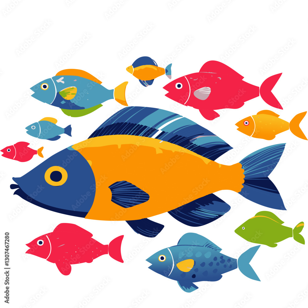 Fototapeta premium Colorful fish illustration featuring a diverse school of vibrant, stylized fish swimming together in a modern and minimalistic vector art style.
