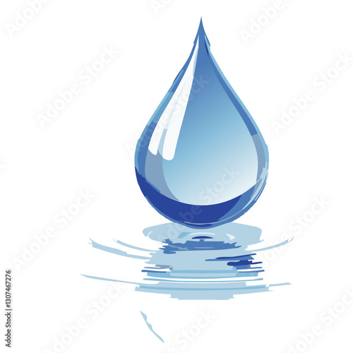 Minimalist water droplet illustration featuring a single blue droplet creating a ripple effect on the surface, with a smooth reflection, symbolizing purity, nature, and tranquility.

