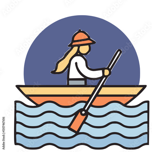 Illustration of a fisherman in a wooden boat, peacefully fishing on wavy waters under a cloudy sky, wearing a straw hat and a vest, with a calm and serene atmosphere.

