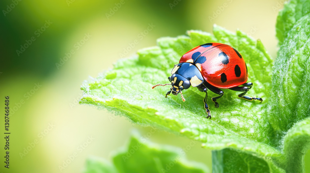 Close-up of a vibrant ladybug on a green leaf in natural light Close-up of a vibrant ladybug on a green leaf in natural light