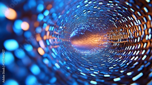 Wallpaper Mural Abstract digital tunnel with glowing blue and orange lights. Intricate geometric patterns create a sense of depth and movement. The central light source emanates a warm, inviting glow. Torontodigital.ca