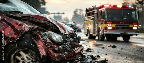 A fire truck and car parts collide in a traffic accident.