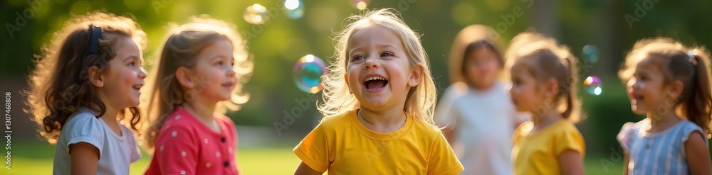 Group of young children laughing and chasing bubbles in a preschool playground, playing, preschool Group of young children laughing and chasing bubbles in a preschool playground, playing, preschool