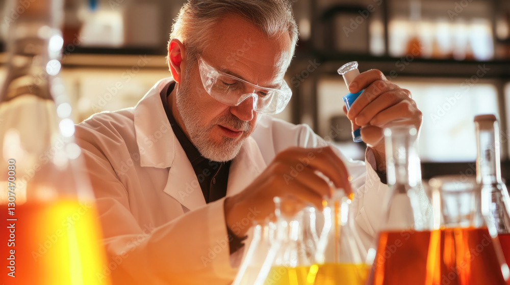 Elderly caucasian male scientist conducting experiment in laboratory with test tubes Elderly caucasian male scientist conducting experiment in laboratory with test tubes