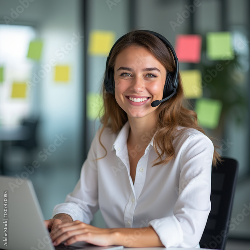 Smiling Customer Support Representative with Headset – Professional Online Assistance in Modern Office