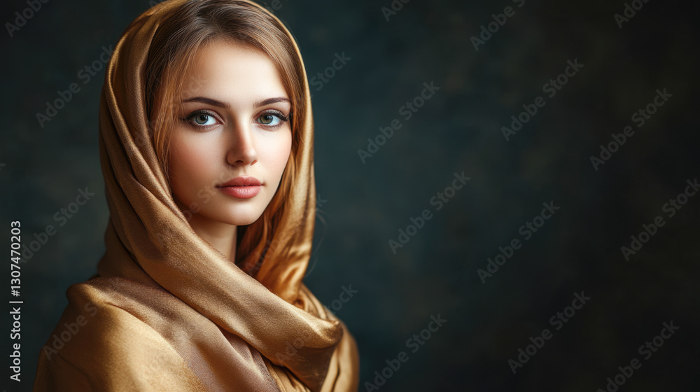 Fototapeta premium Young caucasian female with headscarf against dark background