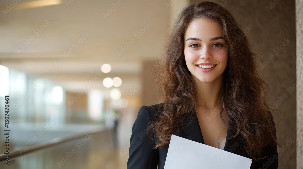 Smiling young woman holding papers in a professional setting Smiling young woman holding papers in a professional setting