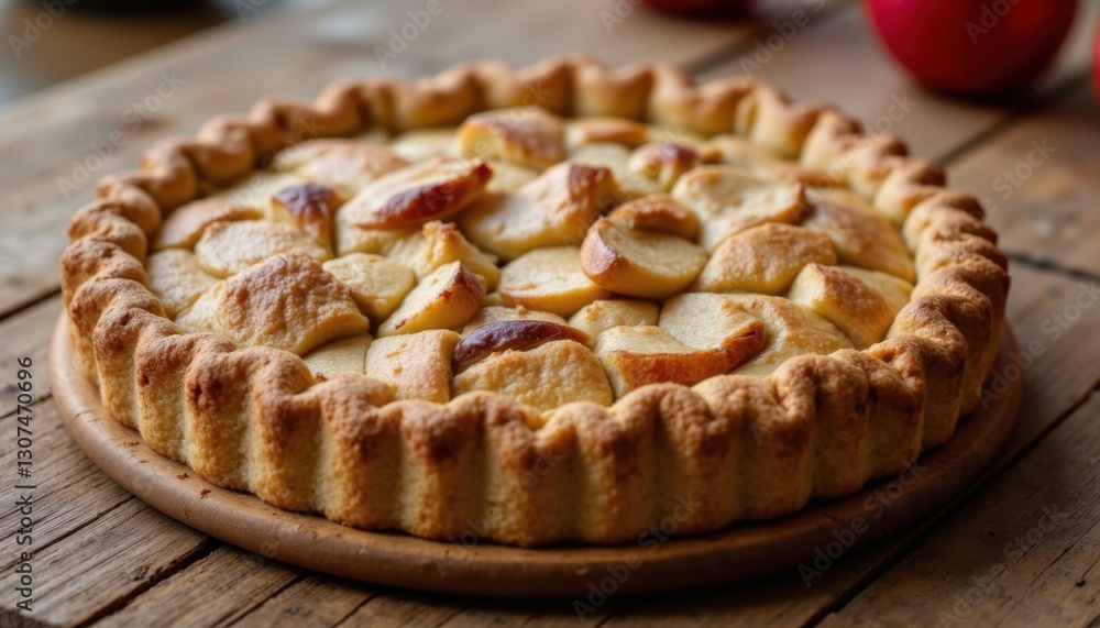 A freshly baked apple pie sits on a rustic wooden table, its golden crust glistening in the sunlight as the sweet aroma of cinnamon and apples wafts through the air. A freshly baked apple pie sits on a rustic wooden table, its golden crust glistening in the sunlight as the sweet aroma of cinnamon and apples wafts through the air.