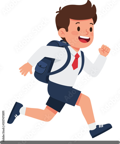 Young schoolboy in a white shirt with a red tie and backpack running energetically in a flat, cheerful vector illustration