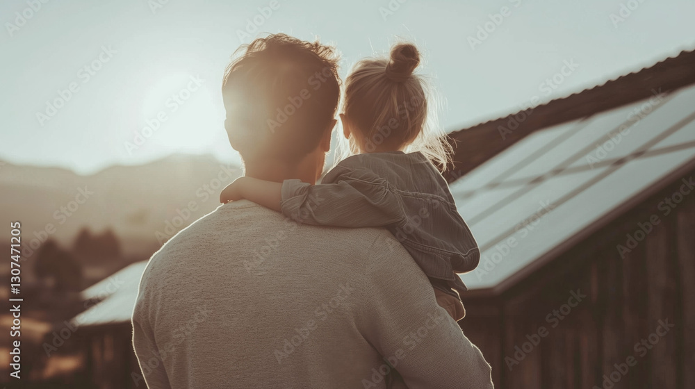 custom made wallpaper toronto digitalFather holding his daugther looking at solar panels, solar cell installed on metal sheet roof of their home with sunset background for alternative renewable green energy
