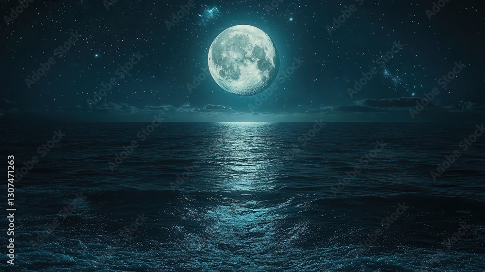 Full moon over dark ocean night sky Full moon over dark ocean night sky