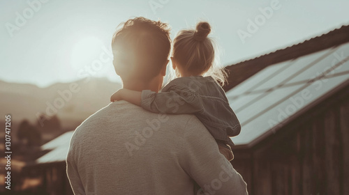 Wallpaper Mural Father holding his daugther looking at solar panels, solar cell installed on metal sheet roof of their home with sunset background for alternative renewable green energy Torontodigital.ca