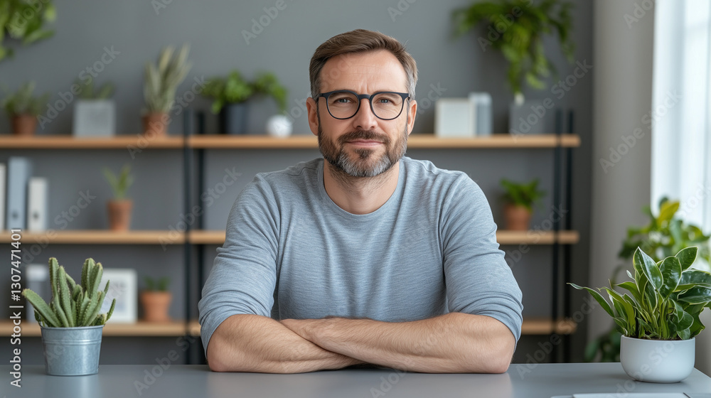 man with glasses sits confidently at table in modern office, surrounded by plants and shelves. His relaxed demeanor suggests creative and productive environment man with glasses sits confidently at table in modern office, surrounded by plants and shelves. His relaxed demeanor suggests creative and productive environment