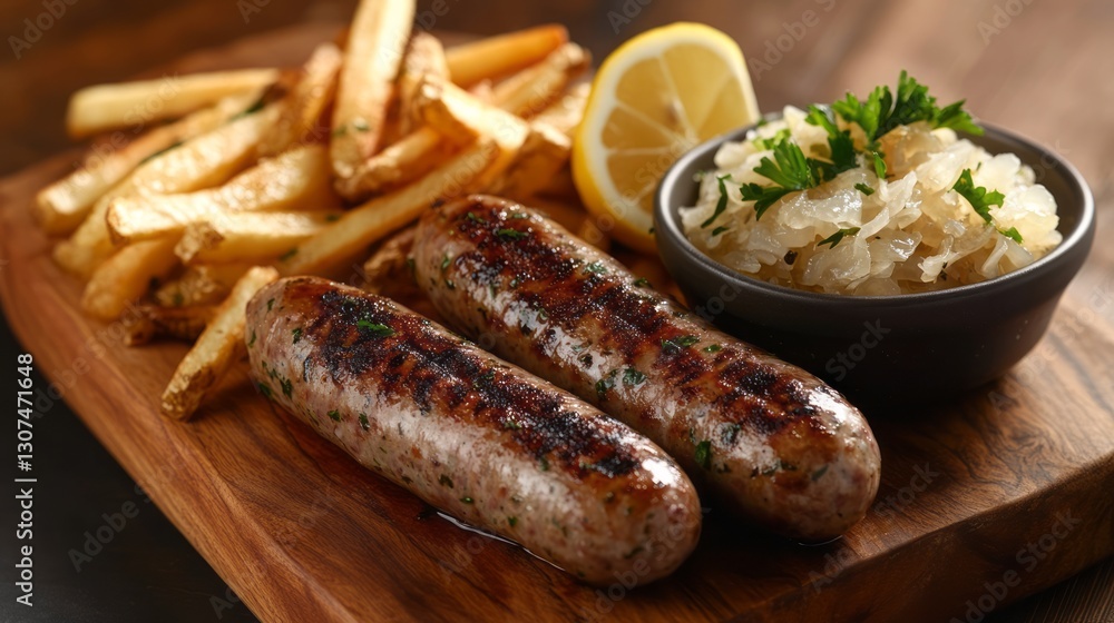 Grilled Sausages with Golden Brown Fries and Sauerkraut on Wooden Board Grilled Sausages with Golden Brown Fries and Sauerkraut on Wooden Board