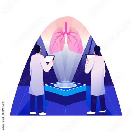Flat illustration of doctors examining lungs hologram using medical technology